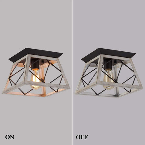 Rustic Farmhouse Flush Mount Ceiling Light Fixture With Wrought Iron Oak White Accents And ORB Details, light on and off