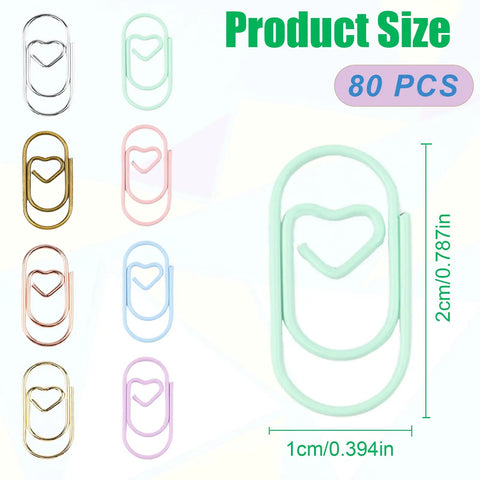 80 Pcs Heart Shaped Paper Clips Metal Journaling Clamps Colorful Cute Clips for Women Creative Organization and Note Sorting Decor