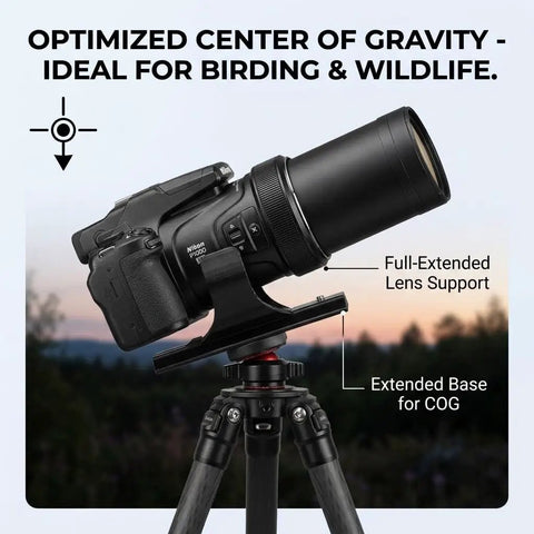 Camera on tripod with Arca-Swiss Quick Release Plate For P1000 And P1100 Cameras, showing extended base and lens support.