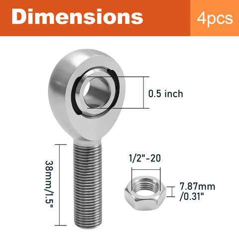 Shop Built Hot Rod Hardware Featuring Half Inch Chromoly Heim Joint Rod Ends dimensions showing 0.5 inch size and threaded end.