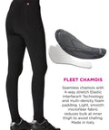 Rear view of Ride-Ready Women's Padded Cycling Tights with 6-Panel Comfort, 28 Inch Inseam, mid-calf length highlighted, beside chamois insert.