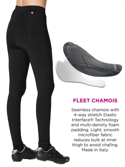 Rear view of Ride-Ready Women's Padded Cycling Tights with 6-Panel Comfort, 28 Inch Inseam, mid-calf length highlighted, beside chamois insert.