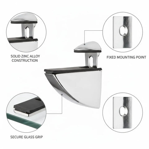 Go-To Glass Shelf Support Clip in Silver Zinc Alloy Mounting Bracket with secure grip and fixed point for bathroom vanities.