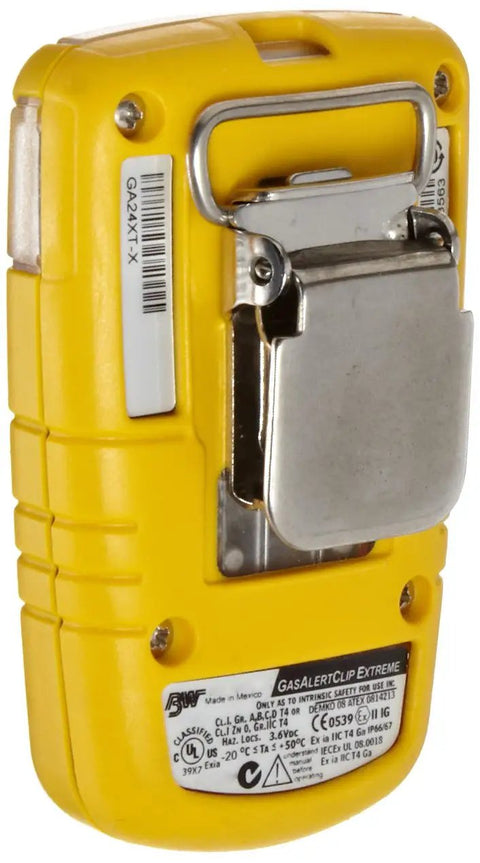 Back view of GasAlert Extreme Oxygen O2 Detector with long life electrochemical sensor and rugged alarm system clip.
