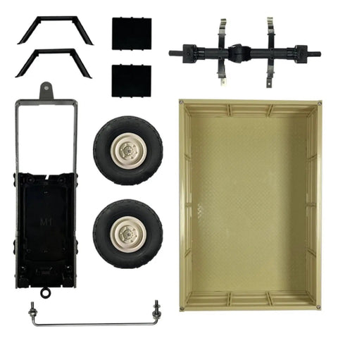 Rock Solid One Twelfth Scale Unimog Rc Truck Cargo Trailer Drop In Replacement Parts heavy duty plastic parts and wheels.