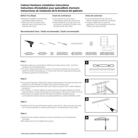 Cabinet hardware installation instructions guide with illustrations and recommended tools list.