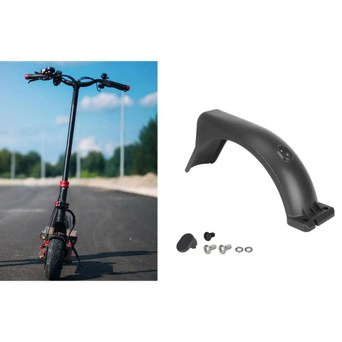 Electric Scooter Rear Mudguard With Taillight Widened Mud Guard Protection Plate Includes Installation Screws For Scooters Spare Part With LED Light Easy Install In Minutes, featuring black mudguard and installation screws alongside a scooter.