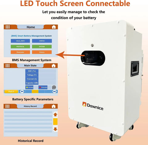 Complete Off Grid Solar System For Home Featuring 34.8 Kw Pv Panels 30 Kw 48 Volt Pure Sine Wave Inverter And 51.2 Volt Lifepo4 Battery Pack showing BMS management screen on LED touch interface.