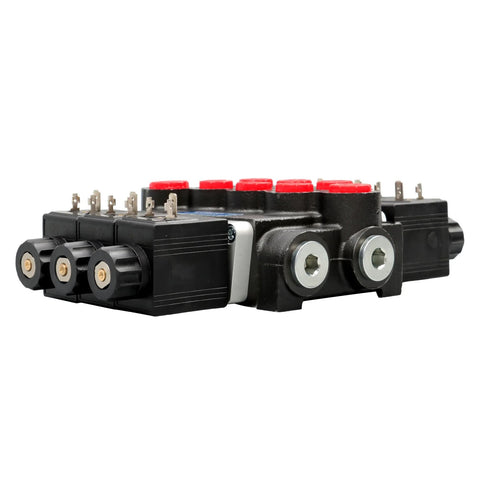 Timunr hydraulic 3-spool solenoid valve; black body with red-top coil housings.