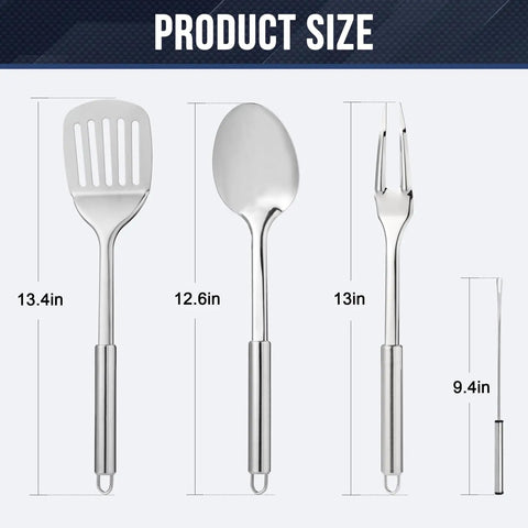 Product size of utensils from Grab And Go Portable Camping Kitchen Utensil Set 34 Piece Stainless Steel Outdoor Cookware And Grilling Kit