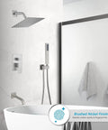 Brushed Nickel Shower System With An 8 Inch Square Shower Head, Handheld Wand, Wall Mounted Tub Spout, And 3 Function Tub And Shower Trim Kit Valve in bathroom