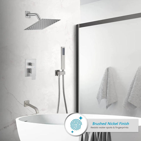 Brushed Nickel Shower System With An 8 Inch Square Shower Head, Handheld Wand, Wall Mounted Tub Spout, And 3 Function Tub And Shower Trim Kit Valve in bathroom