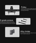 Detailed components of Top Shelf Heavy Duty Sliding Barn Door Roller Kit including pulley, screws, and alloy limiter for installation.