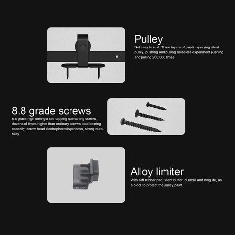 Detailed components of Top Shelf Heavy Duty Sliding Barn Door Roller Kit including pulley, screws, and alloy limiter for installation.