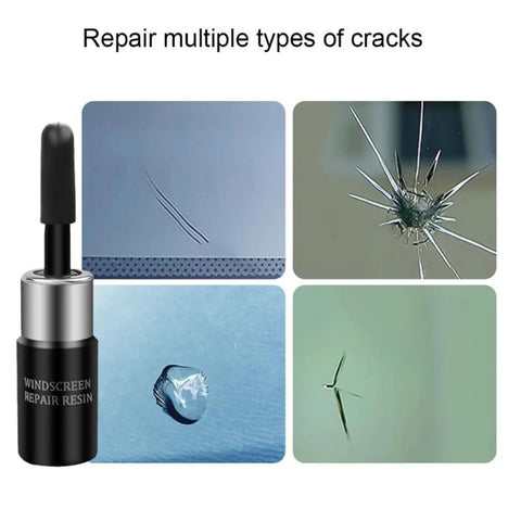 Windshield Crack Repair Kit for Chips and Cracks, 2025 Upgrade Glass Repair Liquid shown with various crack types on windshields