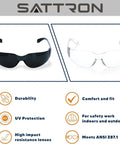 50 Pack Tinted Safety Glasses With Scratch And Impact Resistance Dark UV Protective Lenses For Construction Outdoor Work And Shooting Affordable Eyewear That Blocks Glare And Keeps Your Eyes Safe, showing black and clear frame designs with emphasized features including durability, UV protection, high impact resistance, comfort fit, safety work suitability indoors and outdoors, and ANSI Z87.1 compliance.