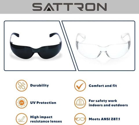 50 Pack Tinted Safety Glasses With Scratch And Impact Resistance Dark UV Protective Lenses For Construction Outdoor Work And Shooting Affordable Eyewear That Blocks Glare And Keeps Your Eyes Safe, showing black and clear frame designs with emphasized features including durability, UV protection, high impact resistance, comfort fit, safety work suitability indoors and outdoors, and ANSI Z87.1 compliance.