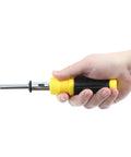 The Ultimate 34 Piece Ratcheting Screwdriver Set With Magnetic Multi Bits, Sae Metric Sockets, Phillips Slotted Torx Hex Heads for All Your Home Repair And Electronics Fixes! ratcheting screwdriver in hand, yellow black grip