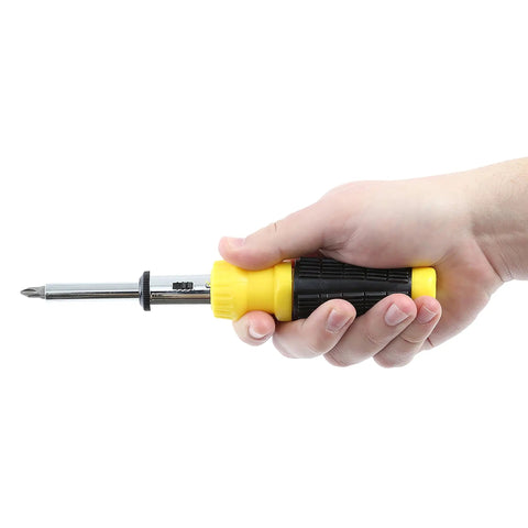The Ultimate 34 Piece Ratcheting Screwdriver Set With Magnetic Multi Bits, Sae Metric Sockets, Phillips Slotted Torx Hex Heads for All Your Home Repair And Electronics Fixes! ratcheting screwdriver in hand, yellow black grip