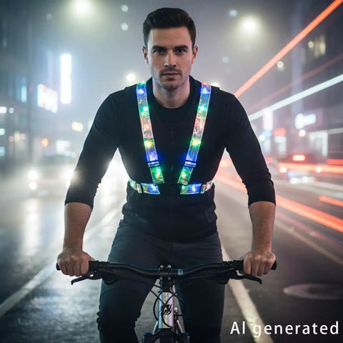 Cyclist wearing Light Up LED Running Vest With Adjustable Unisex Fit For Men And Women See Through Lightweight Night Run Gear