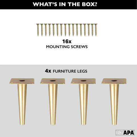 Gold Tapered Oblique Metal Furniture Leg Set Of 4 16 Inch Mid Century Modern Replacement Feet with screws