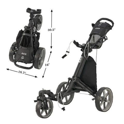 Hardcore Lightweight Foldable Golf Push Cart With Zero Hassle Quick Release Frame And Smooth 360 Rotating Front Wheel, dimensions 30.5x18.7x16 inches