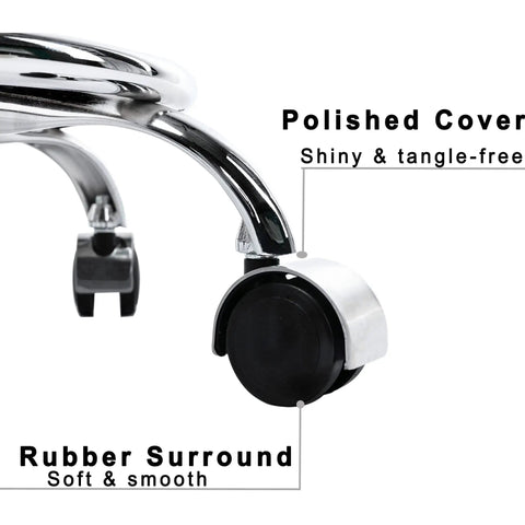 Close-up of Ultra Cushioned Rolling Stool with swivel wheels, polished cover, and rubber surround for smooth movement.