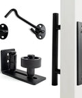 Black Barn Door Floor Guide Set With Handle and Latch Lock for Sliding Doors, wall mount floor track roller, close-up view
