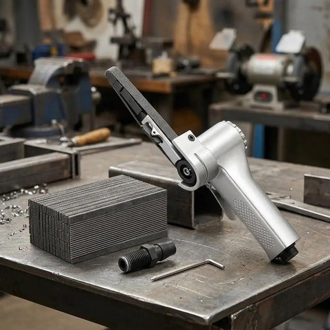 Top Shelf Pneumatic Air Belt Sander With A Ridiculously Fast 10 Mm Track And Hog Wild 16000 Rpm Motor on a workbench with metal blocks.