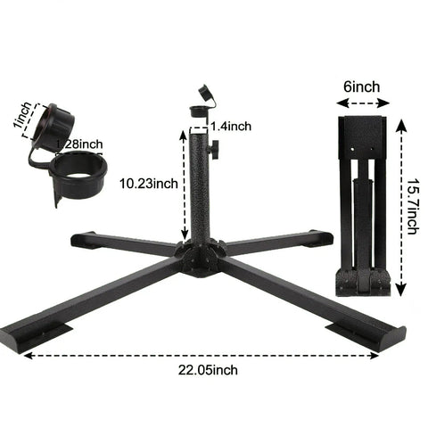Heavy Duty Foldable Beach Umbrella Stand With Universal Clamp That Fits Poles From One Inch To One And A Half Inches Portable Base Holder shown with measurements