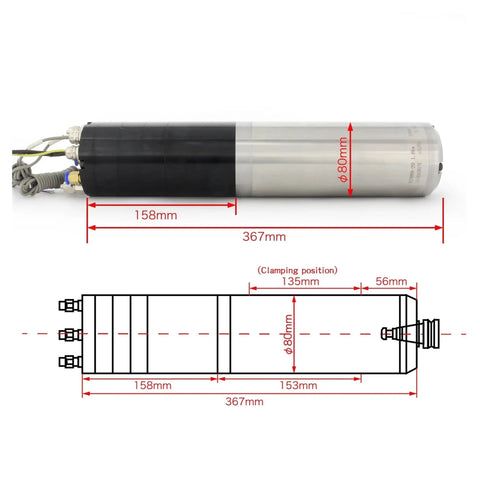 Heavy Duty Cnc Router 1.8Kw Water Cooled Spindle Motor With Automatic Tool Change Iso20 Er20 24000Rpm detailed dimensions diagram.