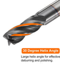 Carbide Square Nose End Mill Bit 9/32 Inch Cut Diameter with 30 Degree Helix shown in close-up view, highlighting TiAlN coating.