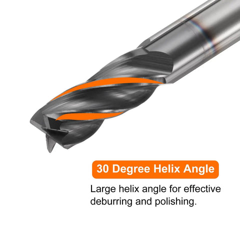 Carbide Square Nose End Mill Bit 9/32 Inch Cut Diameter with 30 Degree Helix shown in close-up view, highlighting TiAlN coating.