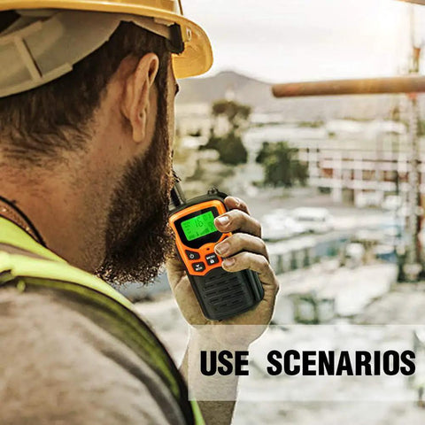 Construction worker using Long Range Walkie Talkies For Adults 2 Pack With 22 FRS Channels 99 CTCSS Privacy Tones VOX LCD Display