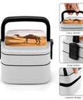 Desert Sand Camel Double Layer Bento Box With Spoon Portable Insulated Lunch Container, showing carry handle and snap button details.