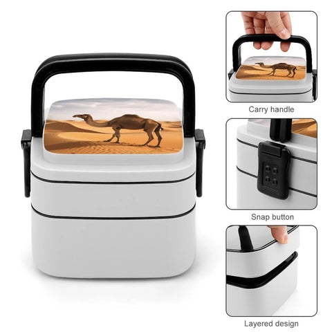 Desert Sand Camel Double Layer Bento Box With Spoon Portable Insulated Lunch Container, showing carry handle and snap button details.