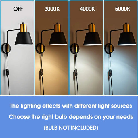 Modern Swing Arm Wall Sconce Set Of Two Plug In Black Wall Lights showing light color variations 3000K, 4000K, 5000K, off mode
