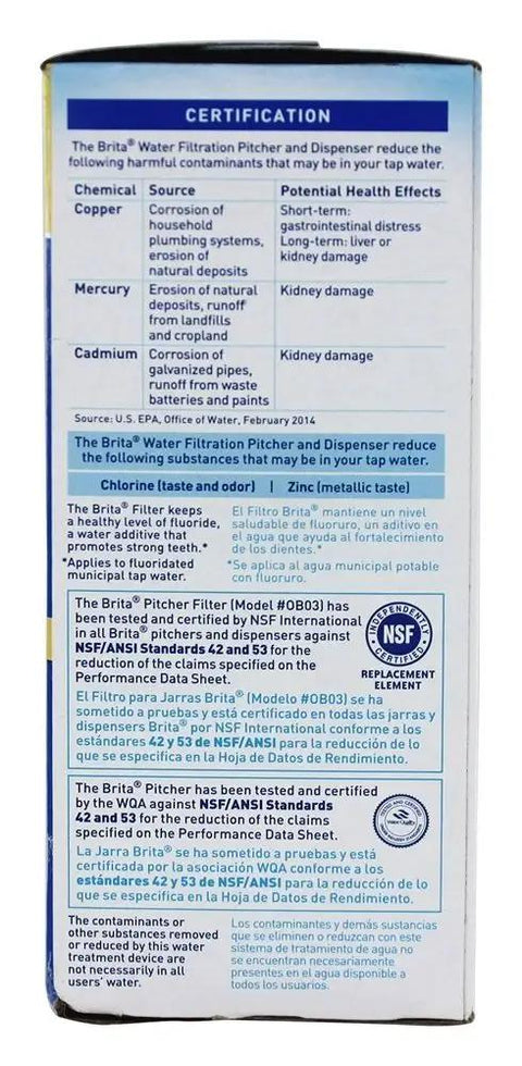 Certification label for Replacement Water Pitcher Filters Pack Of 3, BPA-Free And Clean-Tasting Water, Reduces Chlorine Taste And Odor
