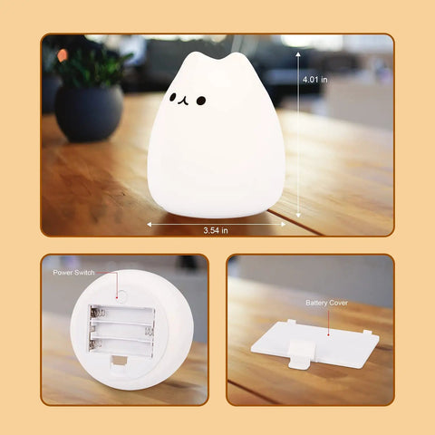 LED Cat Night Light For Kids Battery Powered Silicone Cat Nursery Night Light With 2 Soft Glow Modes on wooden table