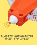 Close-up of non-marking cone tip stake on Open Reel Tape Measure With Retractable Blade, 300 Feet Dual Sided Tape For Track And Field