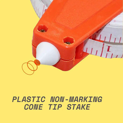 Close-up of non-marking cone tip stake on Open Reel Tape Measure With Retractable Blade, 300 Feet Dual Sided Tape For Track And Field