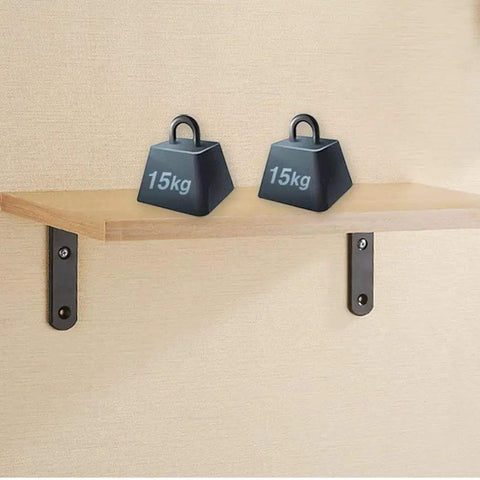 Ultra Strong Black L Brackets Wall Mounts Rock Solid Corner Shelf Supports Rust Proof Iron Braces Quick Setup Kit For Diy Floating Shelves And Home Storage Goals with 15kg weights on a wooden shelf.
