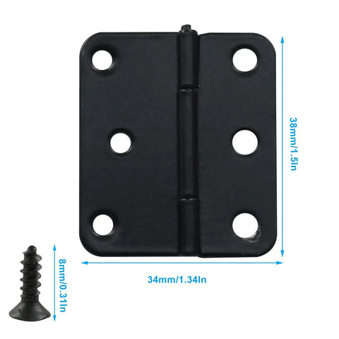 Killer 24 Pack Of 1.5 Inch Black Butt Hinges For Doors And Cabinets Hella Durable Steel Hardware Screws Included Smooth Operation Dead Simple Installation Freshen Up Your Cabinets Now - Close-up of black hinge with screw, dimensions shown.