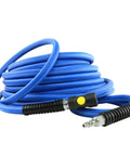 Heavy Duty Compressed Air Piping Connectors Fit For Workshop Featuring Anti Marring Steel Inner Construction Brass Ends For Smooth Up To 300 PSI Flexibility Rock Solid Build Great For Garage Repairs Getting Stuff Done Fast When Needed blue coiled hose with brass quick-connect fittings
