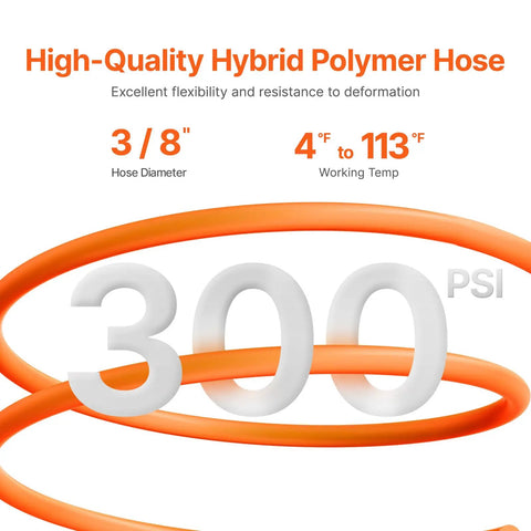 High-quality hybrid polymer hose details including 3/8 inch diameter and 300 PSI.