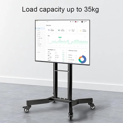 Straight Up Solid Rolling TV Cart With Height Adjustable Monitor Arms And Heavy Duty Mobile Entertainment Stand on smooth casters with 35kg capacity.