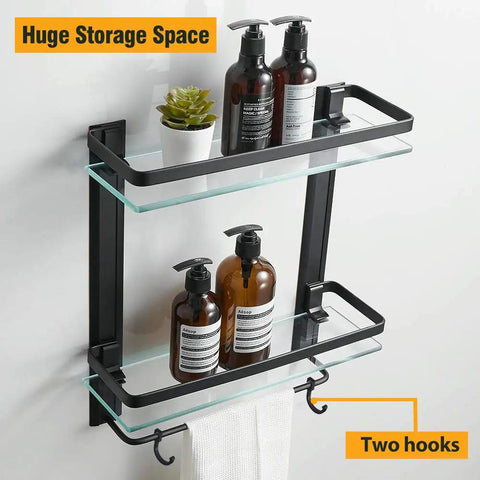 Heavy Duty Lavatory Glass Bathroom Shelf With Huge Storage Space Two Tier Tempered Glass Shower Shelves With Towel Bar Wall Mounted Matte Black Aluminum Finish 15 By 5 Inches displaying bottles and towel