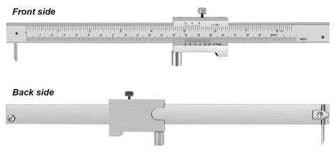 Front and back view of Parallel Crossed Caliper 0-20 Centimeters (0-8 Inches) With Two Carbide Scriber Needles, Stainless Steel Vernier Caliper And Marking Gauge For Pro Grade Measurements, Scribing, Marking, And Craft Projects.
