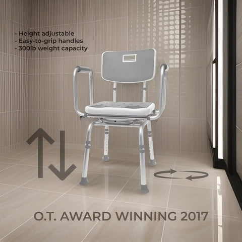 360 Degree Swivel Shower Chair With Back Support, adjustable height 20 to 25 inches, shown in modern bathroom setting