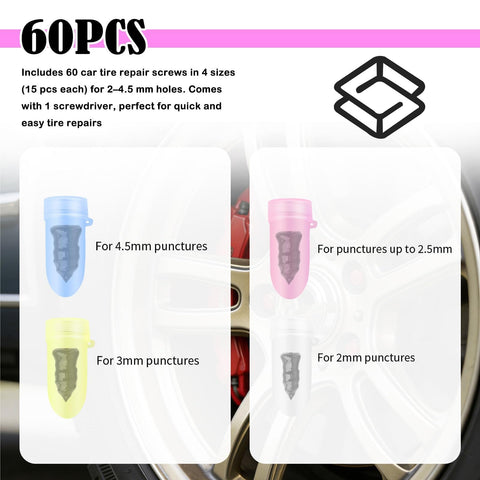 Self Service Tire Plugs Kit With Screwdriver 60Pcs Universal Emergency Tire Repair Tool Screw In Puncture Fix Kit For Cars Quick 10 Second Patch Car Accessories with color-coded puncture sizes on tire image